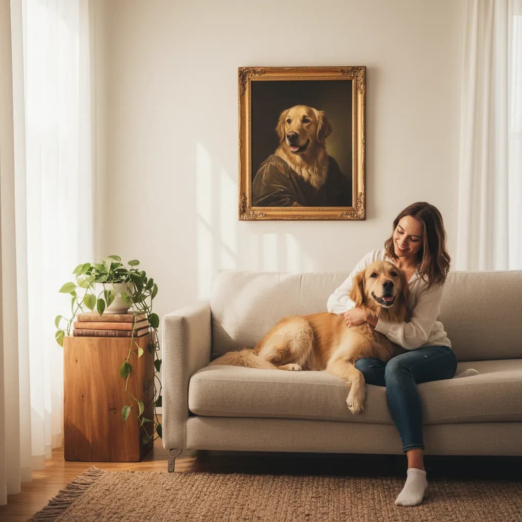 Kundin mit ihrem Golden Retriever und einem Renaissance-Portrait an der Wand